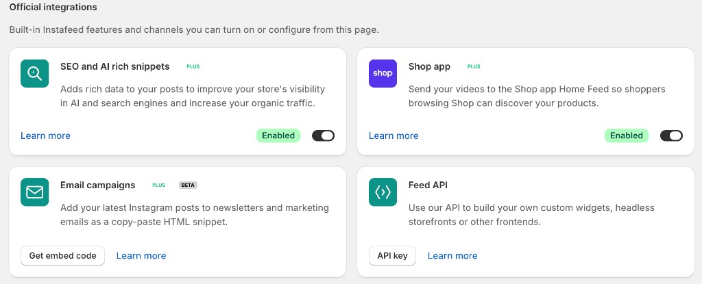 Integrations: Shop app Home Feed, Email campaigns, and Feed API.